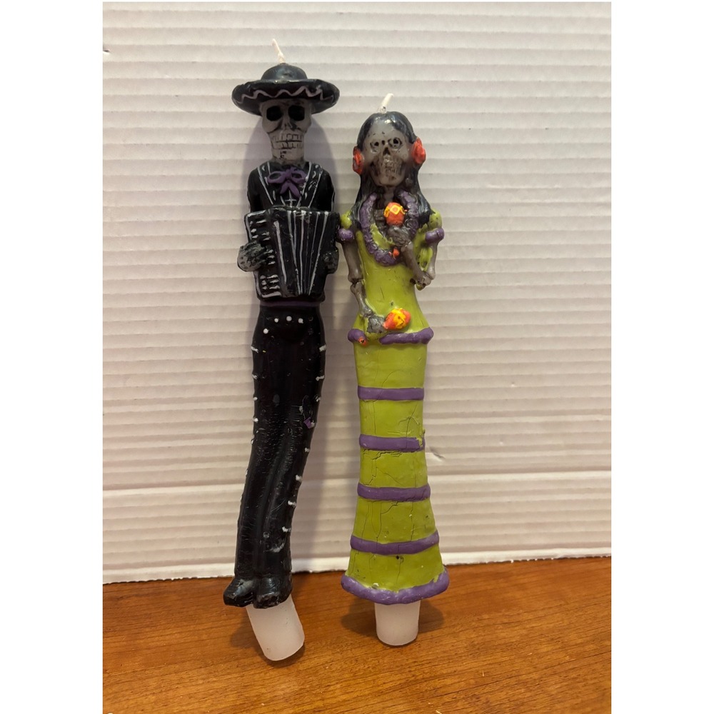 Day of the Dead Skeleton Taper Candles Set Accordion Maracas Mexican Folk Art